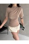 Women's Crew Neck Short Sleeve Gathered Shoulder and Waist Blouse Beige - 6