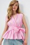 Women's Double Breasted Collar Skirt Flounced Self Belted Summer Poplin Blouse - 2