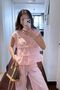 Drawstring Pinterest Model Zero Sleeve Design Blouse Wide Leg Palazzo Pants Double Raw Linen Suit - 5