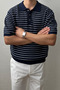 Men's Navy Blue Striped Buttoned Regular Fit Knitwear T-Shirt - 3