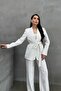 Women's Striped Belted Blazer Jacket Pants Suit - 4