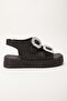 Women's Wedge Heel Sandals Black Double Strap Straw Material Stone Buckle - 3