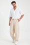 Summer Pleated Baggy Fit Pocket Belt Buckle Men's Fabric Trousers Beige - 6