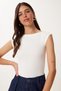 Boat Neck Flexible Ribbed Knitted Blouse Ekru Lus0154 - 3