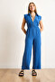Women's Navy Blue Zippered Elastic Waist Draped Jumpsuit Tlm-19000163 - 5