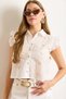 Women's White Baby Collar Crop Cotton Fisto Shirt Gml-19001361 - 2
