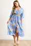 Women's Blue Double Breasted Collar Elastic Waist Slit Maxi Dress Elb-19002460