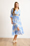 Women's Blue Double Breasted Collar Elastic Waist Slit Maxi Dress Elb-19002460 - 5