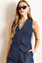 Women's Navy Blue Fleto Pocket Buttoned Lined Denim Vest Ylk-19000074