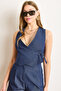 Women's Navy Blue Wrap Collar Lined Denim Vest Ylk-19000073 - 3