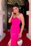 Satin Fabric Strapless Evening Dress with Shawl Detail - Fuchia - 3