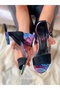 Eliza Black Suede Colorful Snake Detail Heel Sandals - 2