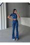Women's Wave Pattern Blue Turtleneck Crop Blouse and Spanish Leg Pants Suit - 7