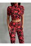 Women's Wave Pattern Red Turtleneck Crop Blouse and Spanish Leg Pants Suit - 7