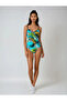 Women's Navy Blue Turquoise Yellow Feather Pattern Side Draped Large Size Swimsuit Hzl25S-Lc6243 - 2