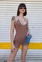 String Strap Halter Neck K Ribbed Knit Shorts Jumpsuit - Summer Stretchy F Corded Fabric Sports Bodysuit - 4