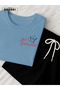 Women's Power Printed Cotton Light Blue T-Shirt-Black Shorts Set - 2