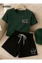 Women's Power Printed Cotton Forest Green T-Shirt-Black Shorts Set - 2