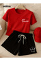 Women's Power Printed Cotton Red T-Shirt-Black Shorts Set - 2