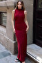 Slim Fit Zero Sleeve Waist Draped Lycra Long Full Length Slit Dress with Stand Collar