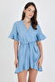 Women's Double Breasted Front Tie Belted Denim Look Dress 1448