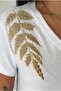 Women's White Shoulder Gold Leaf Sequins Sequins Embroidered 100% Cotton Short Sleeve T-Shirt S-M-L - 2
