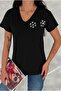 Women's Black Shoulder Flower Sequin Sequin Embroidered Short Sleeve 100% Cotton T-Shirt S-M-L - 2