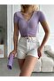 Women's Lilac V Neck Short Sleeve Viscose Elasthane Drawstring Shirring Camisole Crop - 2