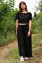 Wide Leg 100% Cotton Elastic Pocket Trousers - Black