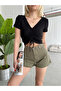 Women's Black V Neck Short Sleeve Viscose Elasthane Drawstring Shirred Camisole Crop - 2