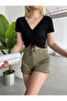 Women's Black V Neck Short Sleeve Viscose Elasthane Drawstring Shirred Camisole Crop - 4