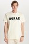 Relax Fit Relaxed Cut 100% Cotton Crew Neck Ecru Men's T-Shirt with Front Embroidery Detail - 4