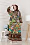 Half Button Robe Patch Pattern Dress-Brown
