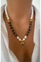 Natural Stone Black Gray Varasite Stone & White Gold Plated Design Pendant Women's Necklace - 2