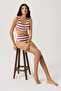 Burgundy-White Striped High Waist Bikini Bottom Sporty Bottom - 7