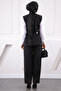 Black Waist Belted Vest and Trousers Suit - 3