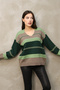 V-Neck Long Sleeve Wide Loose Cut Three Color Skirt Elastic Color Block Basic Seasonal Knitwear Sweater - 4