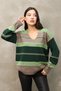 V-Neck Long Sleeve Wide Loose Cut Three Color Skirt Elastic Color Block Basic Seasonal Knitwear Sweater - 6