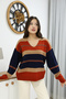 V-Neck Long Sleeve Wide Loose Cut Three Color Skirt Elastic Color Block Basic Seasonal Knitwear Sweater - 6