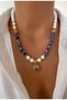 Natural Stone Navy Blue White Variscite Stone Gold Plated Lace Design Women's Pendant Special Day Gift - 2