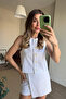 White Buttoned Linen Vest Shorts Skirt Suit - 3