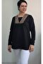 Black V-Neck Collar Leopard Garnish Long-Sleeved Combed Viscose T-Shirt - 2