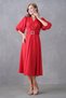 Women's Stretchy Crepe Fabric Short Balloon Sleeve V Neck Belted Midi Length Flared Cut Red Dress 3602 - 7