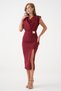 Women's Degaje Collar Slit and Accessory Detailed Draped Design Burgundy Midi Evening Dress 77130 - 4