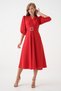 Women's Stretchy Crepe Fabric Short Balloon Sleeve V Neck Belted Midi Length Flared Cut Red Dress 3602 - 7