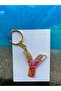 Epoxy Letter Y Pink Keychain with Gold Leaf and Flower Leaves - 2