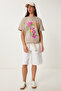 Oversize Printed Knitted T-Shirt Beige Lcr0068