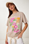 Oversize Printed Knitted T-Shirt Beige Lcr0068 - 2