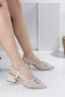 Skin Linen Special Gold Buckle Detailed Open Back Women's Heeled Shoes / Stiletto - 3
