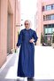 Buttoned Long Denim Hijab Dress Dark Blue - 4